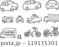 様々な種類の乗り物の白黒ペン画イラスト 119135301