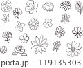 様々な種類の花のシンプルな白黒ペン画イラスト 119135303