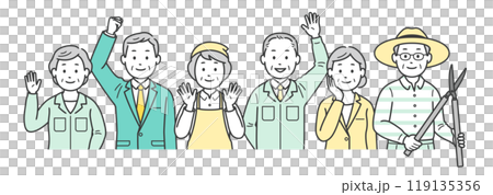 Upper body illustrations of various jobs for elderly men and women in their second lives 119135356
