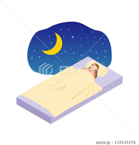 夜間にベッドで就寝する女性のイラスト 夜間にベッドで就寝する女性のイラスト 119135378