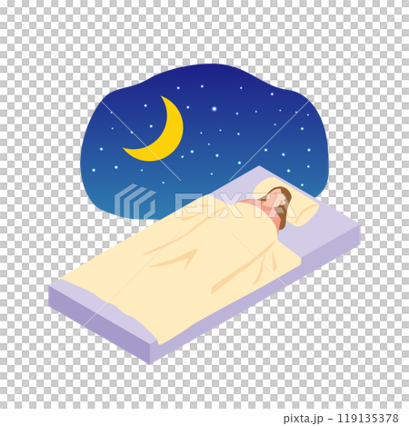 夜間にベッドで就寝する女性のイラスト 夜間にベッドで就寝する女性のイラスト 119135378