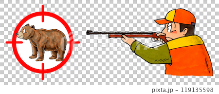Hunter holding a rifle and a brown bear target mark 119135598
