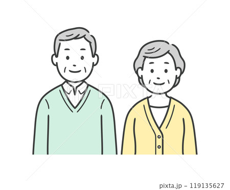 高齢男女の夫婦が並んで立っている上半身イラスト 119135627