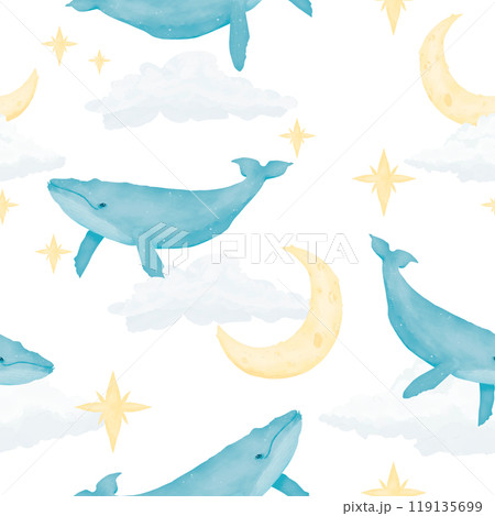 Seamless pattern with whales, clouds, stars and new moon, watercolor digital illustration for printing and web 119135699
