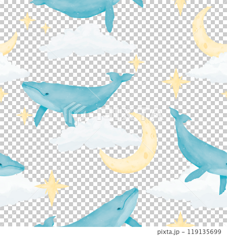 Seamless pattern with whales, clouds, stars and new moon, watercolor digital illustration for printing and web 119135699