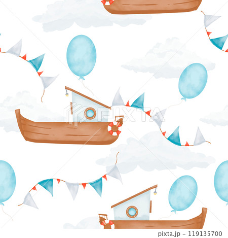 Seamless pattern with boats, clouds, garlands with flags and balloons, watercolor digital illustration for printing and web Seamless pattern with boats, clouds, garlands with flags and balloons, watercolor digital illustration for printing and web 119135700