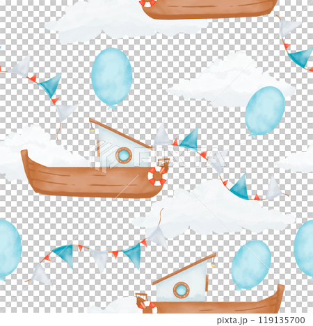 Seamless pattern with boats, clouds, garlands with flags and balloons, watercolor digital illustration for printing and web Seamless pattern with boats, clouds, garlands with flags and balloons, watercolor digital illustration for printing and web 119135700