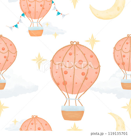 Seamless pattern with balloons, stars, clouds and new moon, watercolor digital illustration for printing and web 119135701