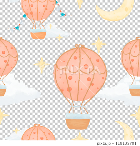Seamless pattern with balloons, stars, clouds and new moon, watercolor digital illustration for printing and web 119135701