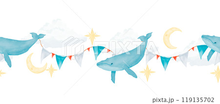 Seamless border with whales, stars, clouds and new moon, with flags, watercolor digital illustration for printing and web 119135702