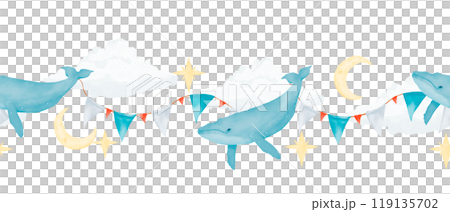 Seamless border with whales, stars, clouds and new moon, with flags, watercolor digital illustration for printing and web 119135702