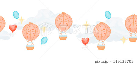 Seamless border with colorful balloons, clouds and stars, watercolor digital illustration for printing and web Seamless border with colorful balloons, clouds and stars, watercolor digital illustration for printing and web 119135703