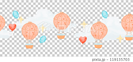 Seamless border with colorful balloons, clouds and stars, watercolor digital illustration for printing and web 119135703