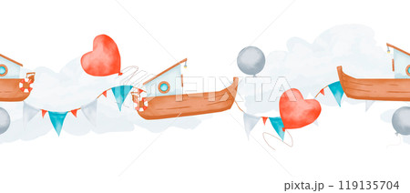 Seamless border with boats, clouds, balloons and triangle flags, watercolor digital illustration for printing and web 119135704