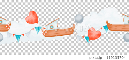 Seamless border with boats, clouds, balloons and triangle flags, watercolor digital illustration for printing and web 119135704