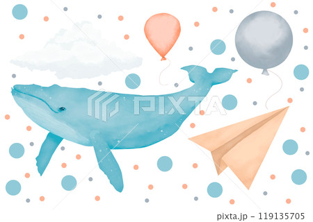 Set with whale, cloud, balloons and paper airplane, watercolor digital illustration for printing and web 119135705