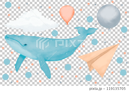 Set with whale, cloud, balloons and paper airplane, watercolor digital illustration for printing and web 119135705