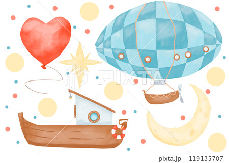 Set with boat, airship, new moon and star, with a balloon in the form of a heart, watercolor digital illustration for printing and web 119135707
