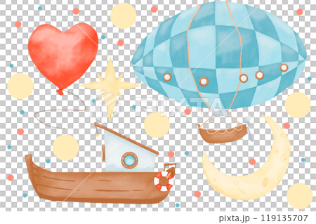 Set with boat, airship, new moon and star, with a balloon in the form of a heart, watercolor digital illustration for printing and web 119135707