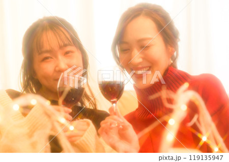 クルスマスにワインで乾杯する二人の女性　　 119135947