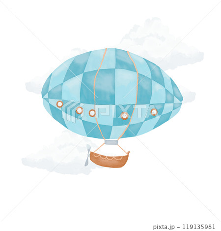 Blue airship with brown boat with fluffy white clouds watercolor digital illustration for printing and web Blue airship with brown boat with fluffy white clouds watercolor digital illustration for printing and web 119135981