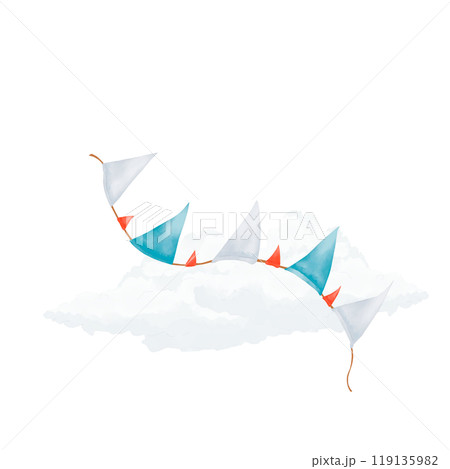 Rope with triangular flags garland with fluffy white clouds watercolor digital illustration for printing and web	 119135982