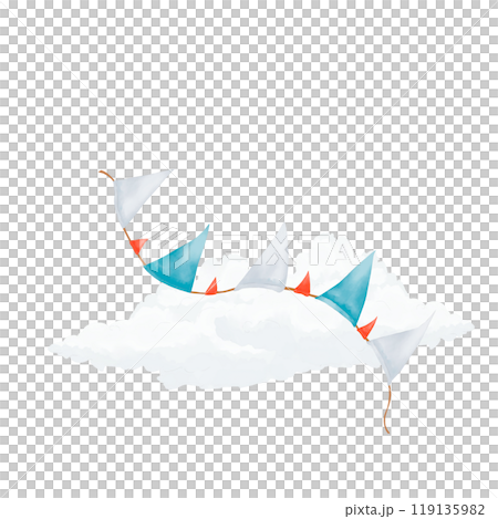 Rope with triangular flags garland with fluffy white clouds watercolor digital illustration for printing and web	 119135982