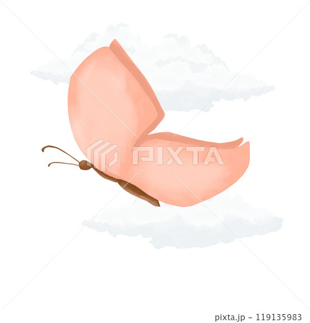 Butterfly with pink wings with fluffy white clouds watercolor digital illustration for printing and web 119135983