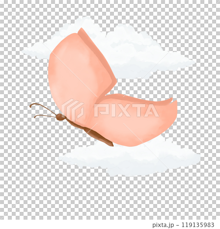 Butterfly with pink wings with fluffy white clouds watercolor digital illustration for printing and web 119135983