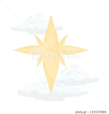 Yellow pointed vintage star with fluffy white clouds watercolor digital illustration for printing and web	 119135984