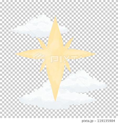 Yellow pointed vintage star with fluffy white clouds watercolor digital illustration for printing and web	 119135984