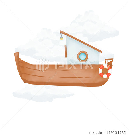 Motorboat with cabin rustic with portholes with fluffy white clouds watercolor digital illustration for printing and web	 119135985