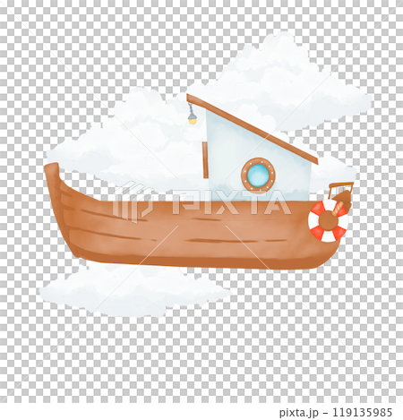 Motorboat with cabin rustic with portholes with fluffy white clouds watercolor digital illustration for printing and web	 119135985