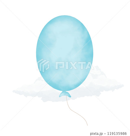 Blue festive oval balloon with fluffy white clouds watercolor digital illustration for printing and web	 119135986