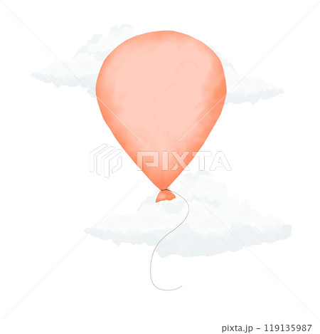 Orange festive oval balloon with fluffy white clouds watercolor digital illustration for printing and web	 119135987