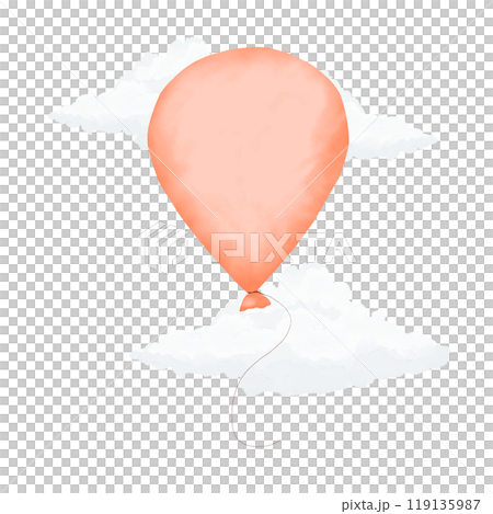Orange festive oval balloon with fluffy white clouds watercolor digital illustration for printing and web	 119135987