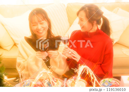 クルスマスにワインで乾杯する二人の女性 クルスマスにワインで乾杯する二人の女性 119136010
