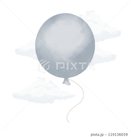 Gray festive air balloon with fluffy white clouds watercolor digital illustration for printing and web	 119136039