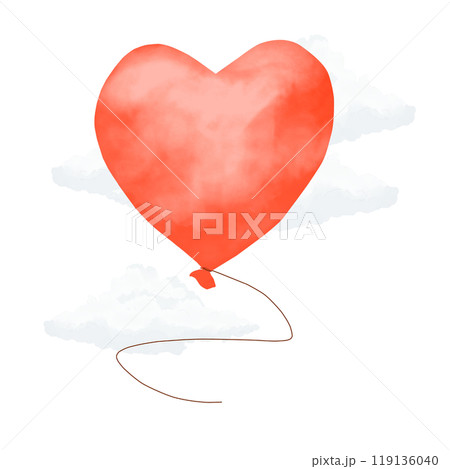 Red festive heart-shaped balloon with fluffy white clouds watercolor digital illustration for printing and web Red festive heart-shaped balloon with fluffy white clouds watercolor digital illustration for printing and web 119136040