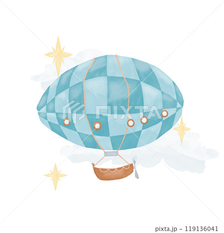 Airship with clouds and stars. Composition color watercolor marker digital illustration	 119136041
