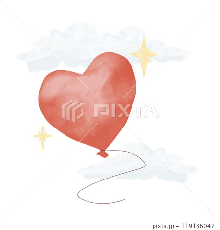 Red balloon in the shape of a heart with clouds and stars. Composition color watercolor marker digital illustration	 119136047