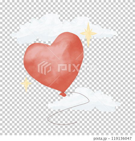 Red balloon in the shape of a heart with clouds and stars. Composition color watercolor marker digital illustration	 119136047