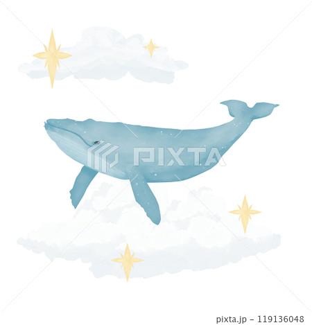 Whale with clouds and stars. Composition color watercolor marker digital illustration	 119136048