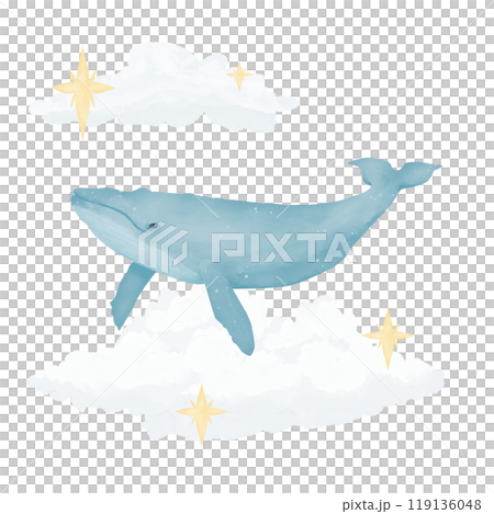 Whale with clouds and stars. Composition color watercolor marker digital illustration	 119136048