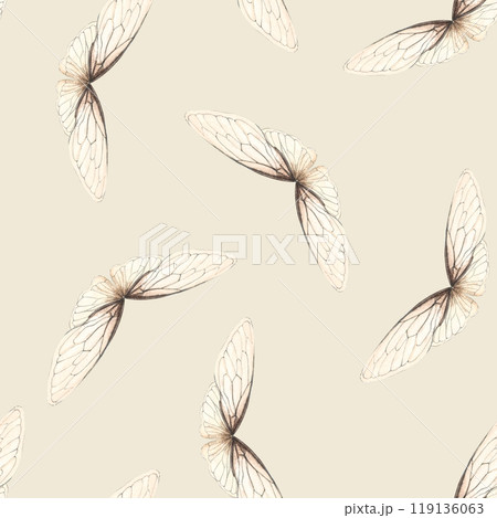 Insect wings hand painted watercolor square seamless pattern on beige background. High quality art perfect for scrapbooking, bed linens, textile, packaging, stationary. Delicate creamy color clip art Insect wings hand painted watercolor square seamless pattern on beige background. High quality art perfect for scrapbooking, bed linens, textile, packaging, stationary. Delicate creamy color clip art 119136063