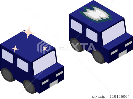 アイソメトリックな車の天井の塗装が剥げてしまった車と塗装を塗り直した車のイメージ素材 119136064