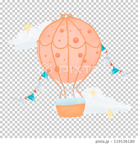 Hot air balloon with garlands, with flags, with clouds and stars, illustration watercolor composition children's digital for print and web 119136180