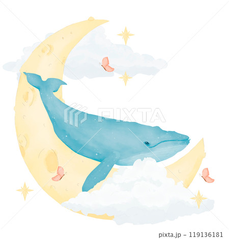 Whale blue with new moon, with clouds and stars, illustration watercolor composition children's digital for print and web 119136181