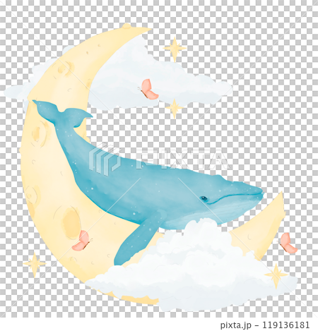 Whale blue with new moon, with clouds and stars, illustration watercolor composition children's digital for print and web 119136181