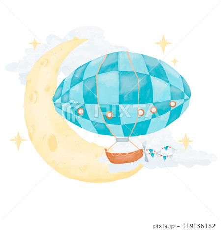 Airship with flags and clouds against the background of a huge new moon, illustration watercolor composition children's digital for print and web 119136182